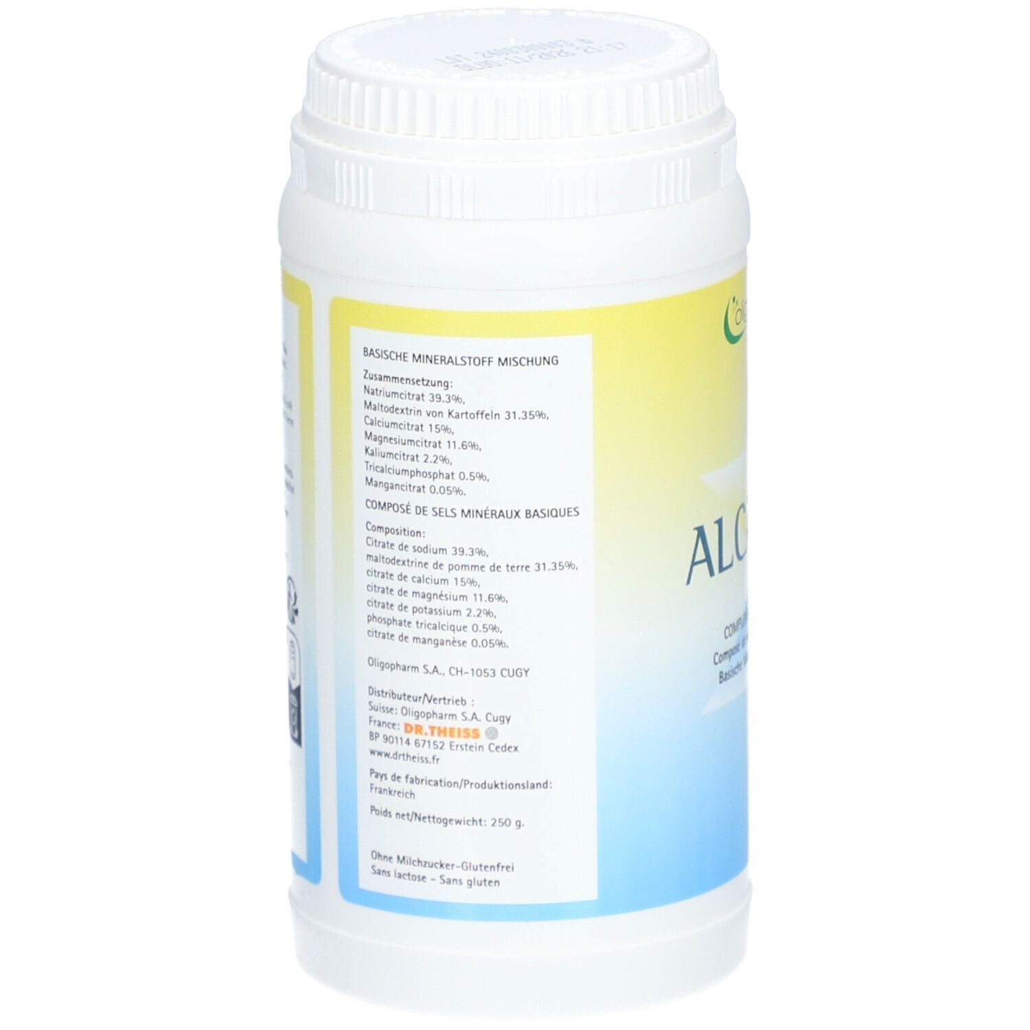 Vue de dos d'un flacon d'Alcabase en poudre de 250 grammes