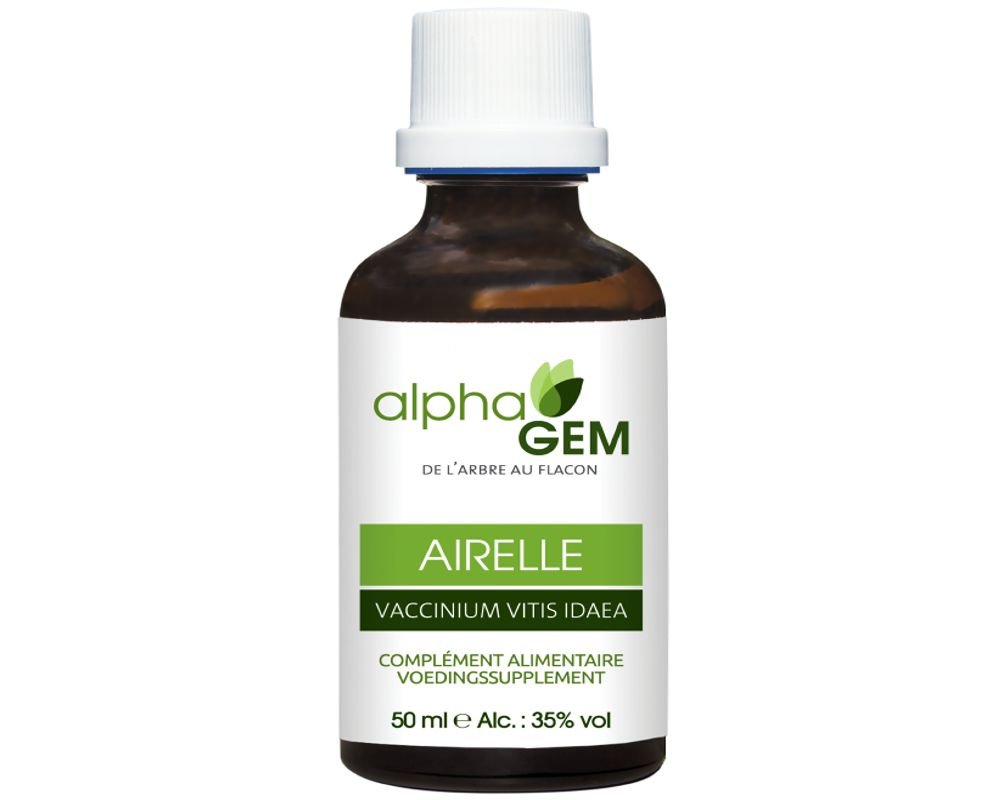 Un flacon en verre de 50 ml de Macérat de Bourgeons d’Airelle Bio de la marque Alphagem