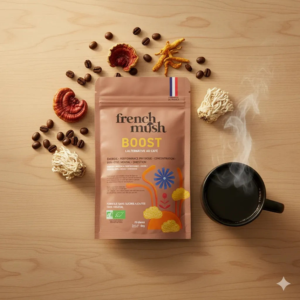 Un sachet de super café boost french mush sur une table avec une tasse de café fumante, du lion's mane, du guarana, de la chicorée et des grains de café