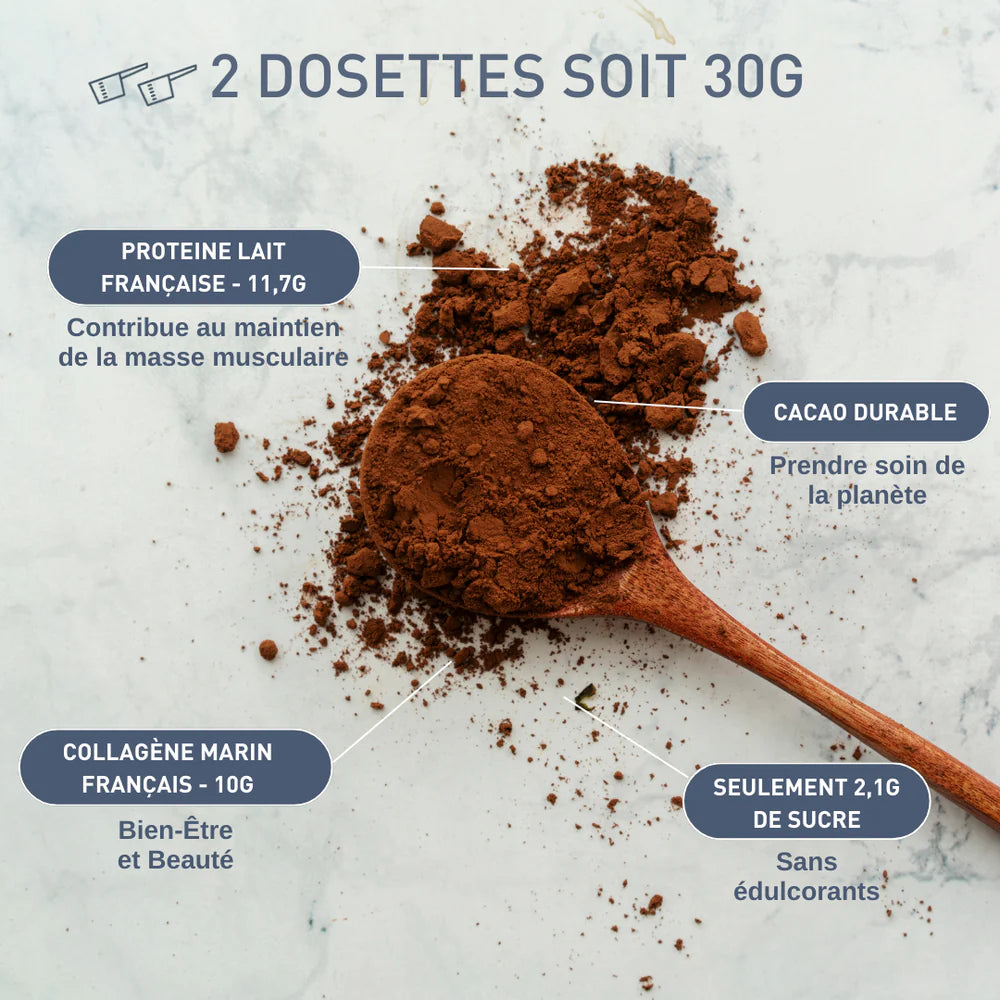 Composition de 2 dosettes de protéine + collagène chocolat de la marque Humble+