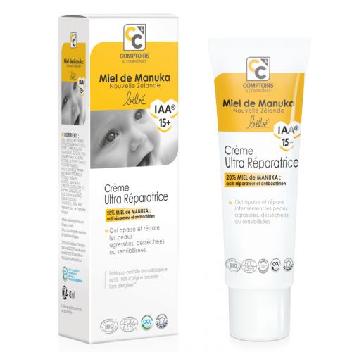 Le recto d'une crème bio bébé ultra-réparatrice au miel de Manuka IAA15+ de la marque Comptoirs et compagnies