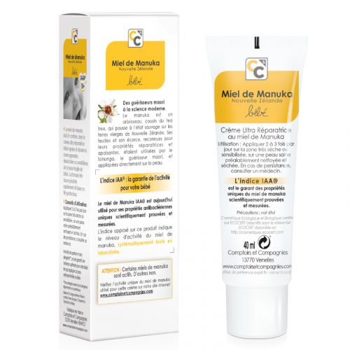 Le verso d'une crème bio bébé ultra-réparatrice au miel de Manuka IAA15+ de la marque Comptoirs et compagnies