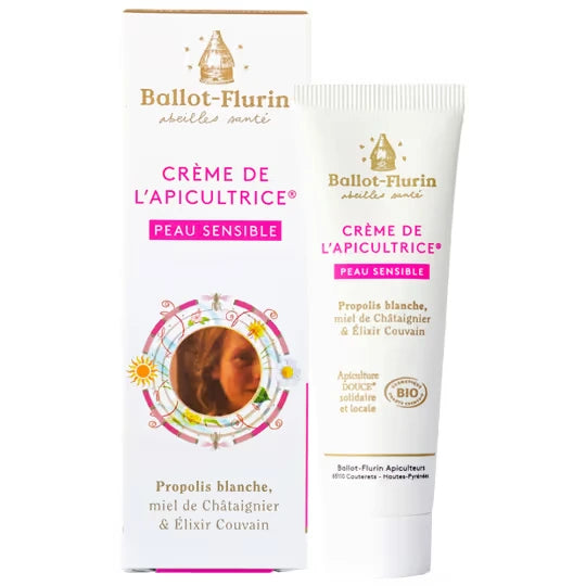 Un tube de 100ml de crème de l'apicultrice pour peaux sensibles et son emballage carton de la marque ballot flurin