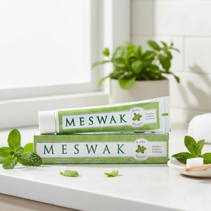 Un tube de dentifrice Meswak Ayurvédique Goût menthe Kerala Nature posé à côté d'une brosse à dent et de feuilles de menthe