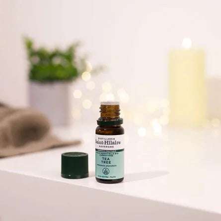 Un flacon d'Huile essentielle de Tea Tree Bio de la distillerie Saint-Hilaire en 10ml, ouvert et posé sur une table