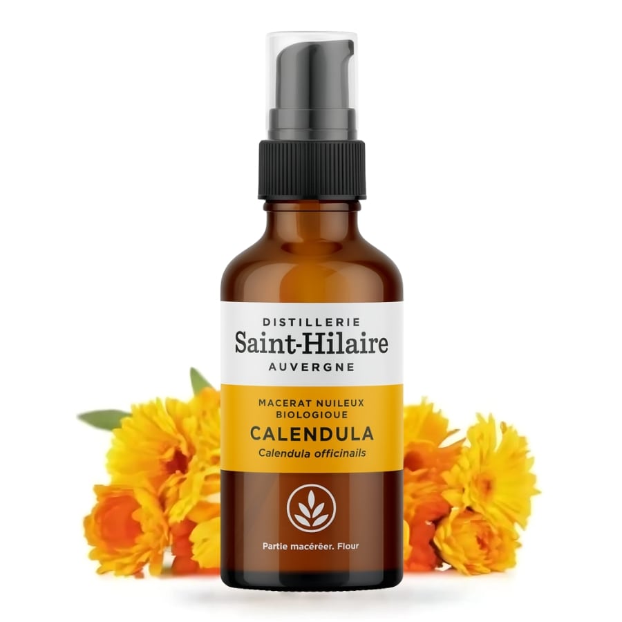 Un flacon d'Huile Végétale de Calendula Bio de la distillerie Saint-Hilaire 50ml accompagné de fleurs de calendula.