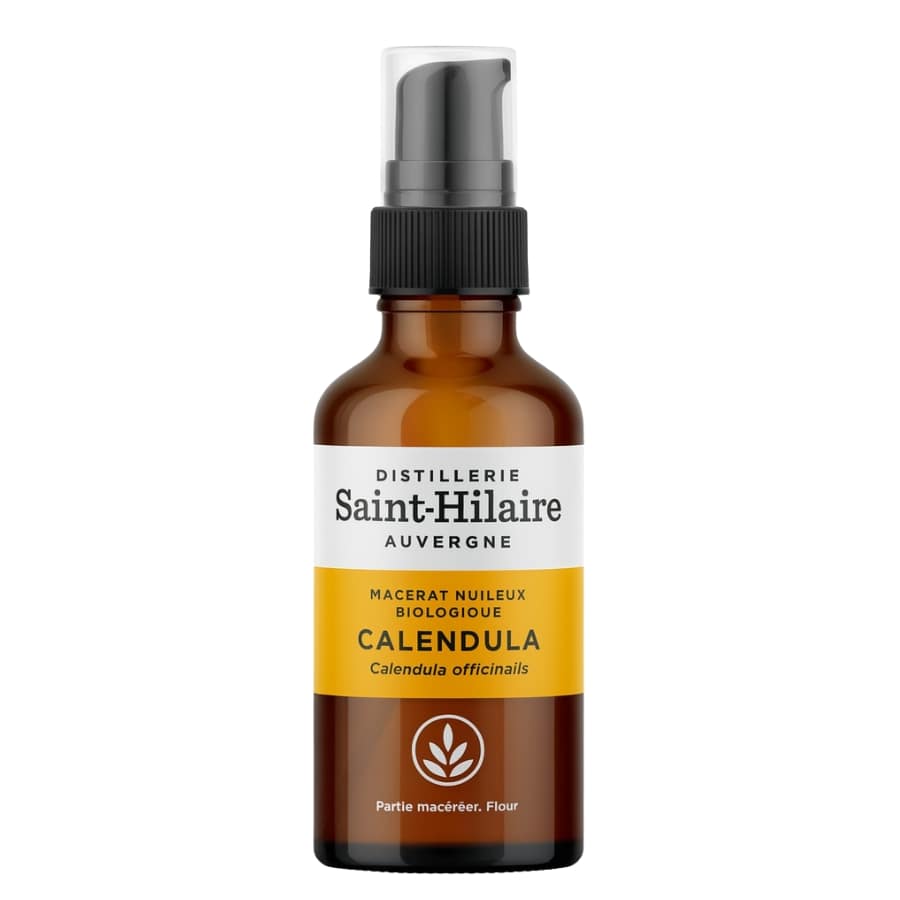 Un flacon d'Huile Végétale de Calendula Bio de la distillerie Saint-Hilaire 50ml.