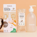 Kit découverte Pimpant : bouteille réutilisable + stick shampoing à diluer. 98 % d’ingrédients d’origine naturelle. Sans sulfates, sans silicones.