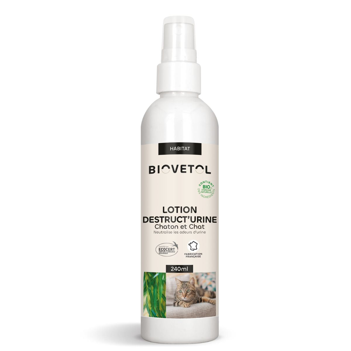 Un flacon spray de lotion destruct'urine pour chat et chaton de la marque Biovetol en 240 ml