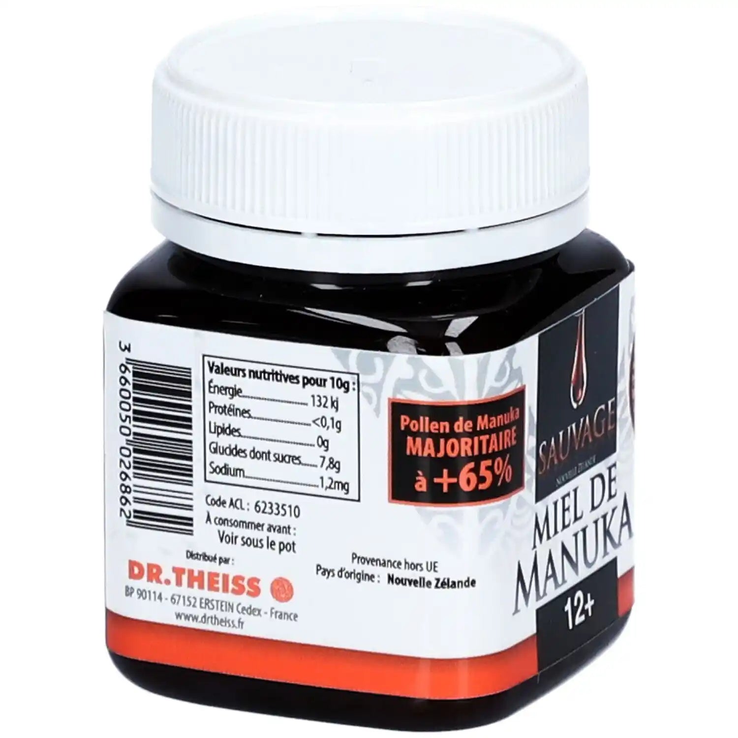 Vue de côté du pot de Miel de Manuka sauvage Dr Theiss