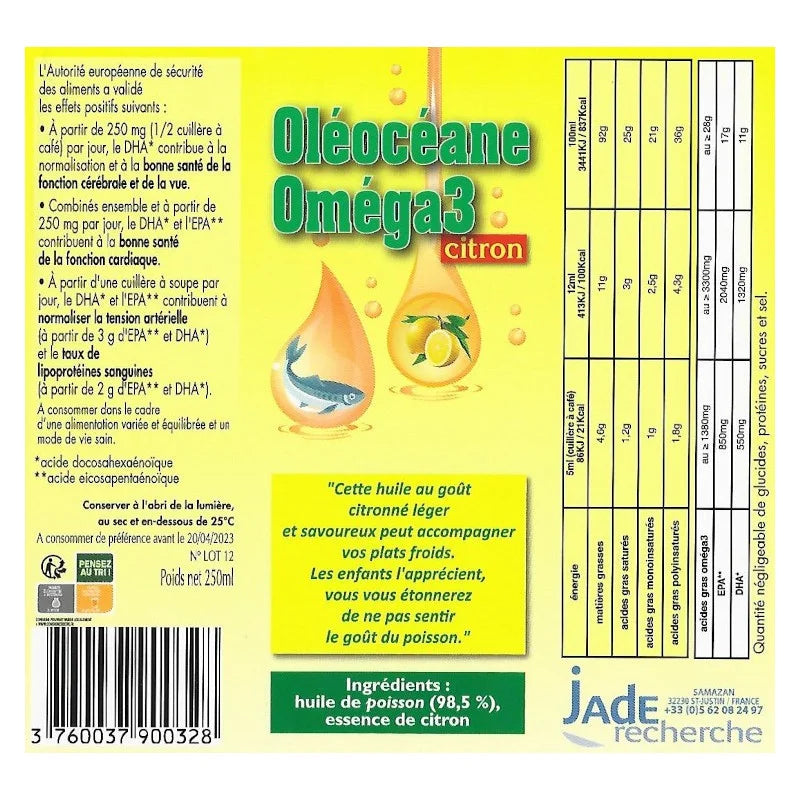Photo de l'étiquette d'Oléocéane Oméga 3 Citron de Jade Recherche