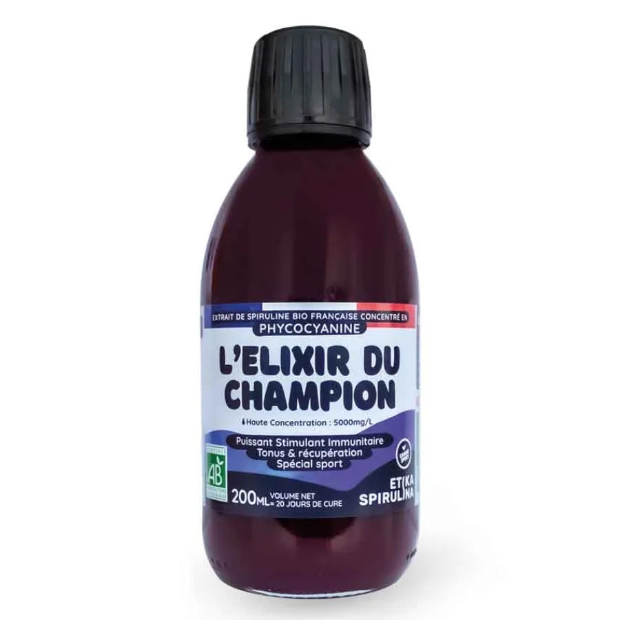 Un flacon de Phycocyanine liquide bio de 200 ml de la marque Etika Spirulina