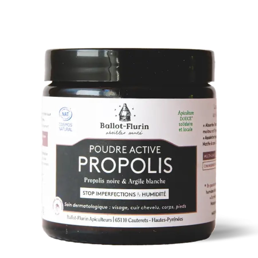 Un pot de 60 grammes de Poudre active de Propolis noire & Argile Verte Ballot-Flurin
