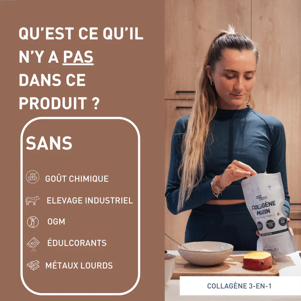 Avantages de la Protéine+ Collagène saveur chocolat de la marque Humble +