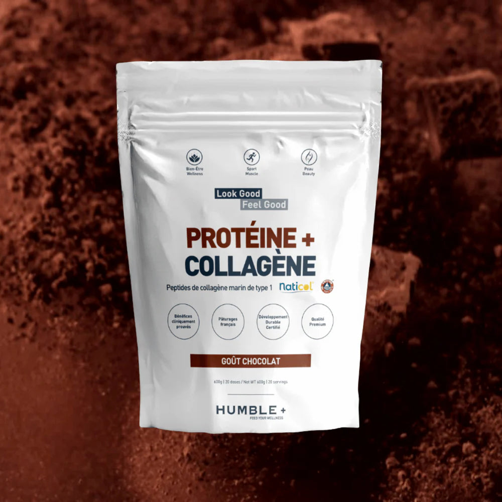 Un sachet de 600g de Protéine+ Collagène saveur chocolat de la marque Humble +