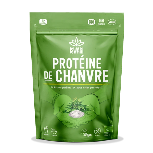 Un sachet de Protéine de chanvre bio en poudre de 250g de la marque Iswari