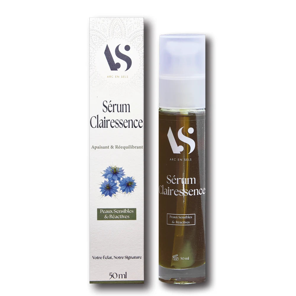 L'emballage carton du Sérum Clairessence Bio 50 ml et son flacon, de la marque Arc en Sels