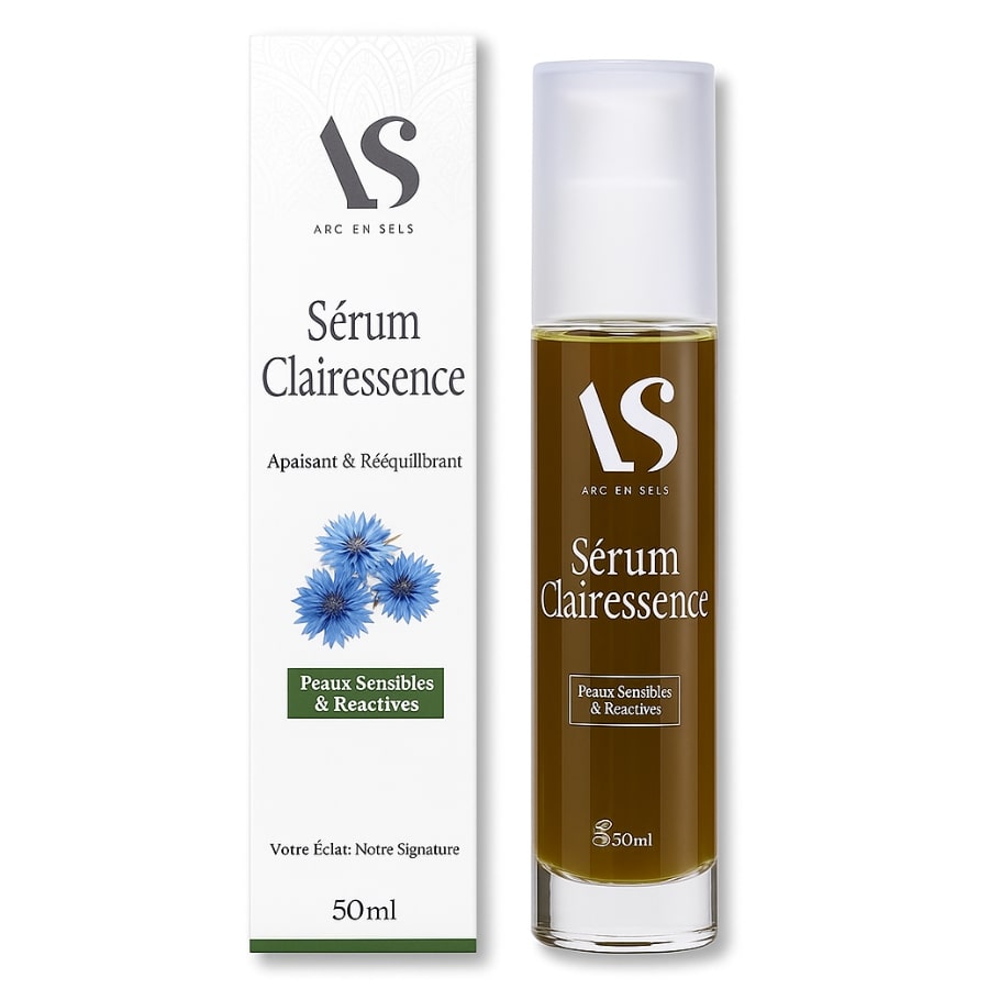 Un flacon de 30ml de sérum clairessence avec son emballage, de la marque arc en sels