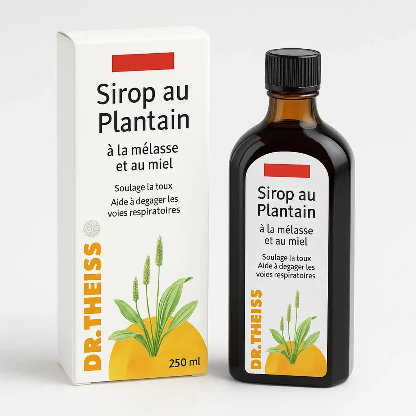 Un sirop au Plantain à la mélasse & au miel de 250 ml de la marque Dr. Theiss