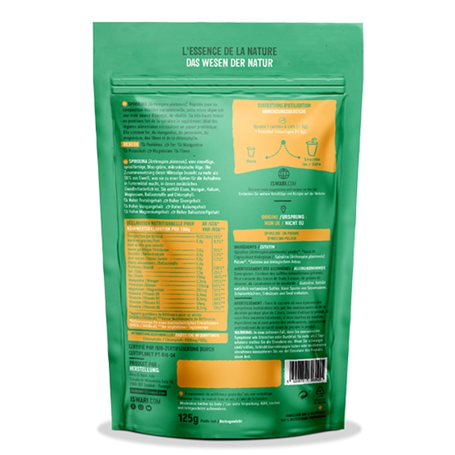La face arrière d'un sachet de Spiruline en poudre bio de 125 g de la marque Iswari