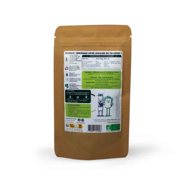 Le verso d'un sachet de Spiruline en paillettes bio & française de 45g Etika Spirulina