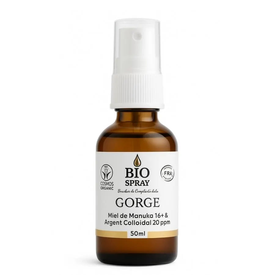 Un flacon de 50 ml de spray Buccal Gorge au Miel de Manuka 16+ & Argent Colloïdal 20 ppm du Dr. Theiss