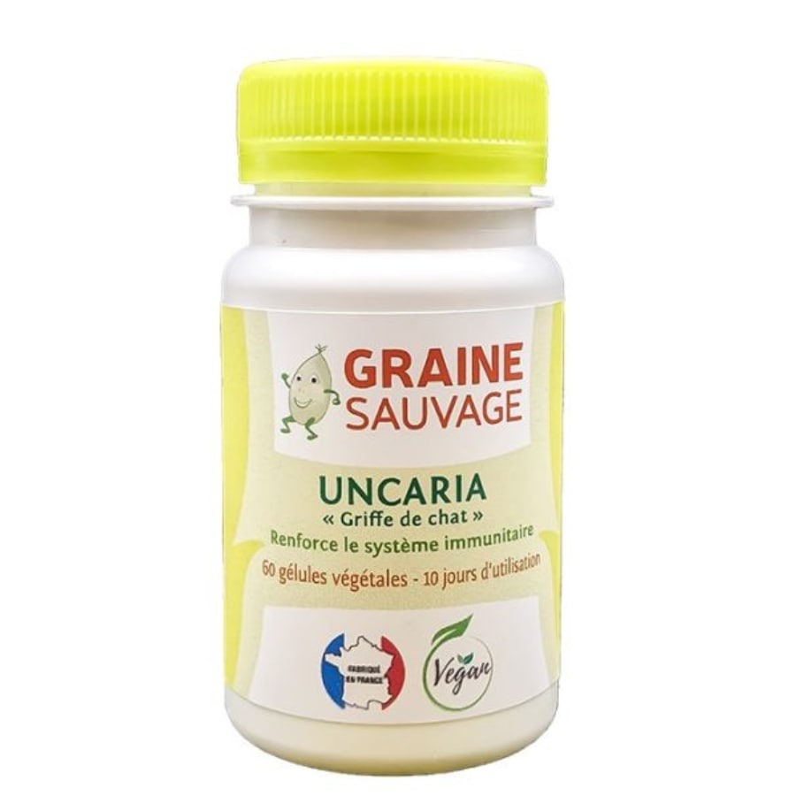 Un pot de 60 gélules d'Uncaria de la marque Graine Sauvage
