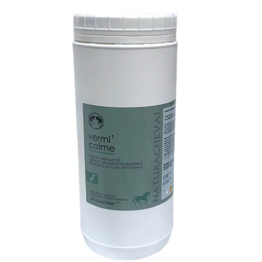 Un pot de vermifuge en poudre vermi'calme de la marque naturacheval 500 g