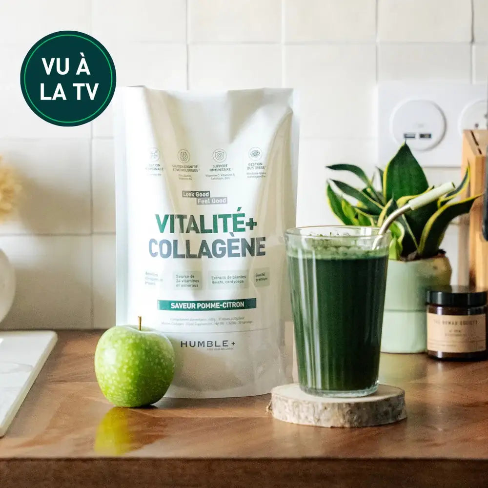 Vitalité + Collagène Humble+ pomme-citron 600 g, boisson verte prête à consommer avec une pomme verte
