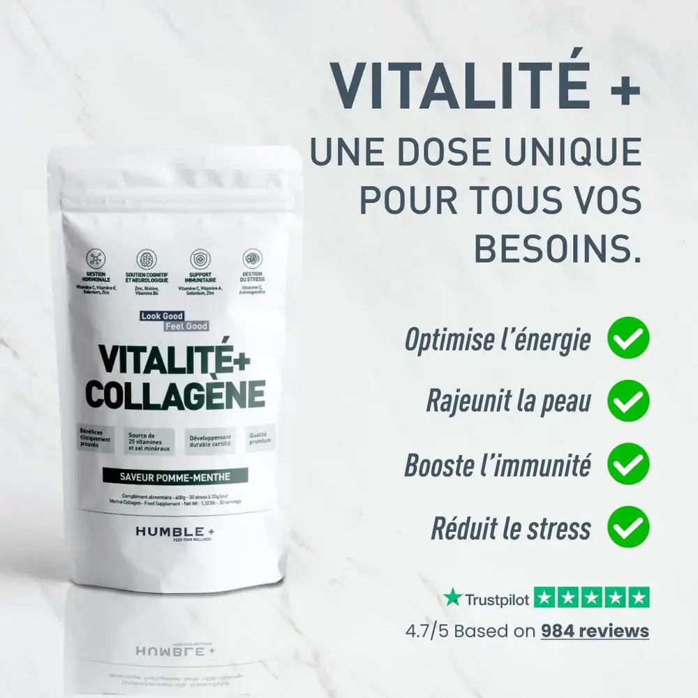 Vitalité + Collagène Humble+ pomme-citron, optimise l’énergie, rajeunit la peau, booste l’immunité et réduit le stress.
