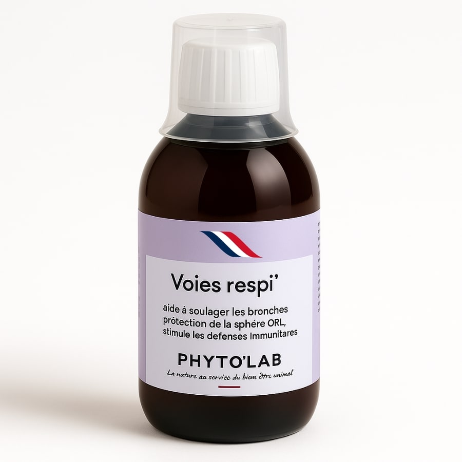 Un flacon de 250 ml de voies respi' de la marque Phyto'Lab avec un bouchon doseur