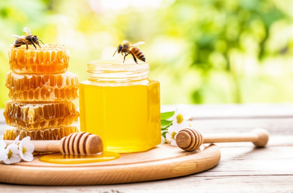 Un pot de miel avec des abeilles dessus