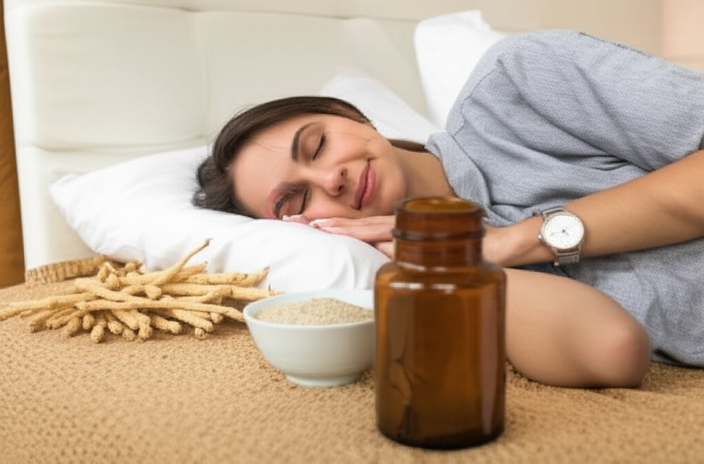 Un femme dormant à côté d'un bol rempli d'ashwagandha
