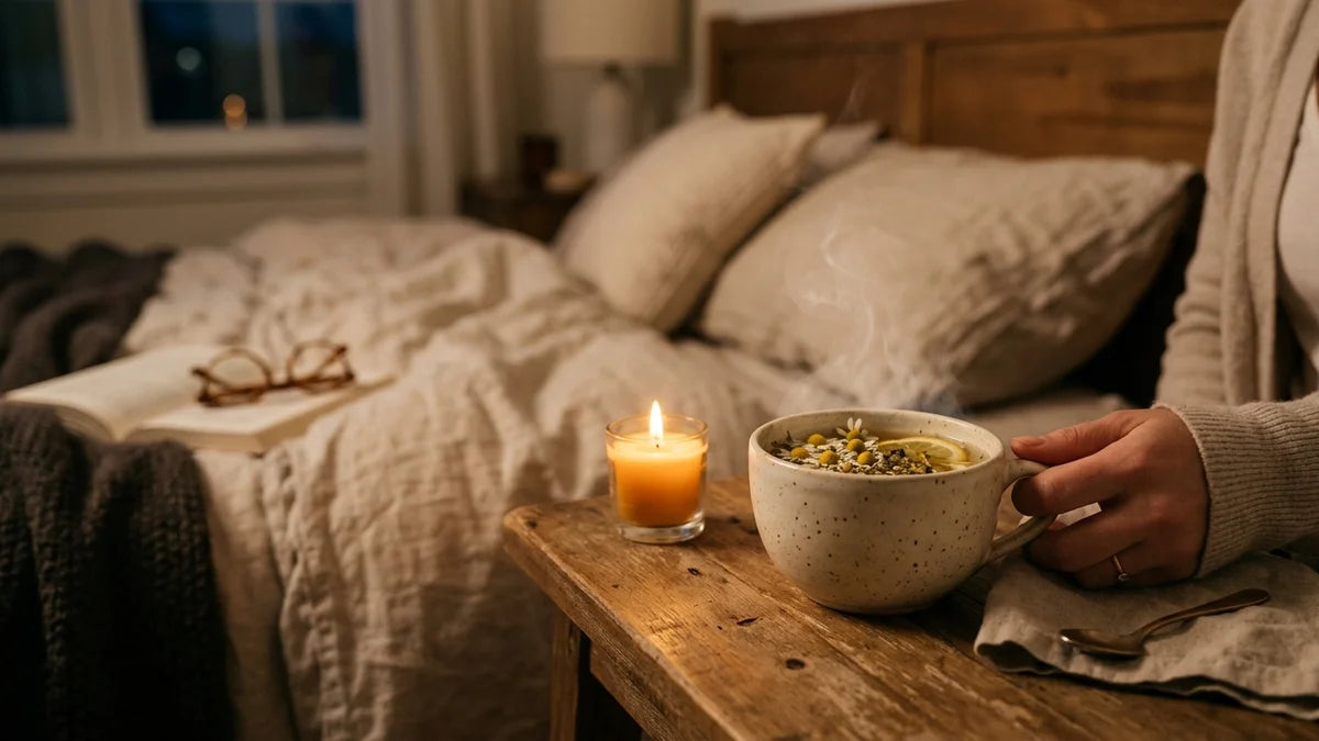 Tasse de thé camomille chaude pour mieux dormir la nuit, ambiance chambre apaisante
