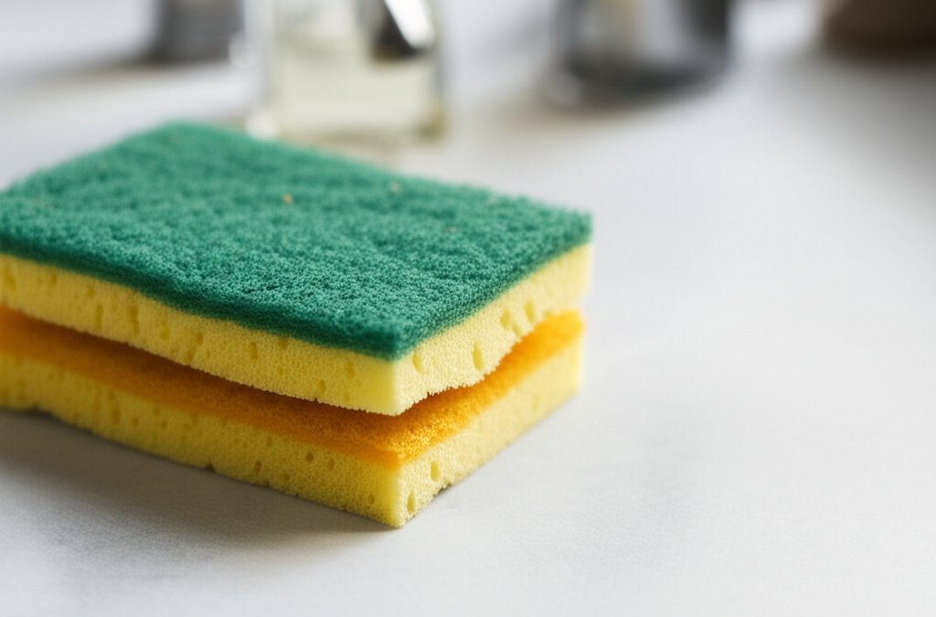 Une éponge jetable posée sur un plan de travail de cuisine