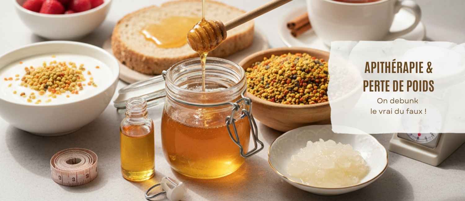 Une bannière avec du miel et des produits de la ruche sur une table