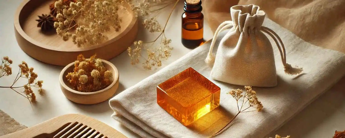 Carré d’ambre posé sur un tissu en lin avec fleurs séchées et accessoires naturels dans une ambiance douce et chaleureuse