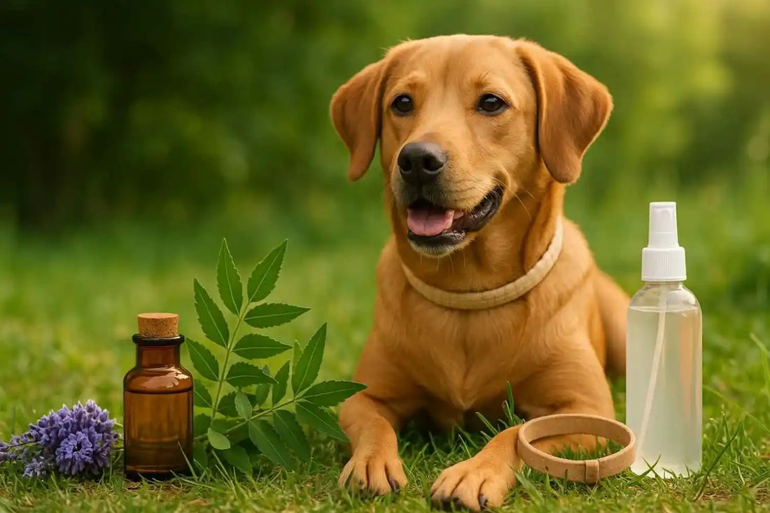 Chien allongé dans l’herbe, portant un collier naturel, entouré de remèdes antiparasitaires comme de la lavande, des feuilles de neem
