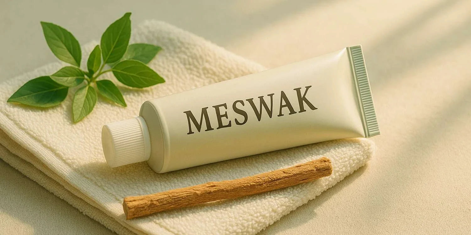 Tube de dentifrice Meswak sur serviette, bâton de miswak et feuilles vertes, lumière naturelle, ambiance saine et rassurante pour un article sécurité.