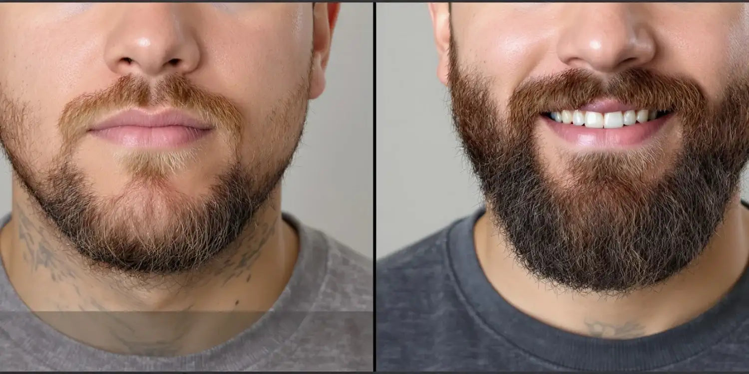 Avant/après barbe : homme à barbe clairsemée à gauche, barbe dense à droite