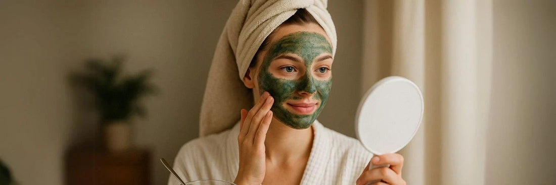 Une femme en train de s'appliquer un masque cutané à la spiruline sur le visage tout en se regardant dans le miroir