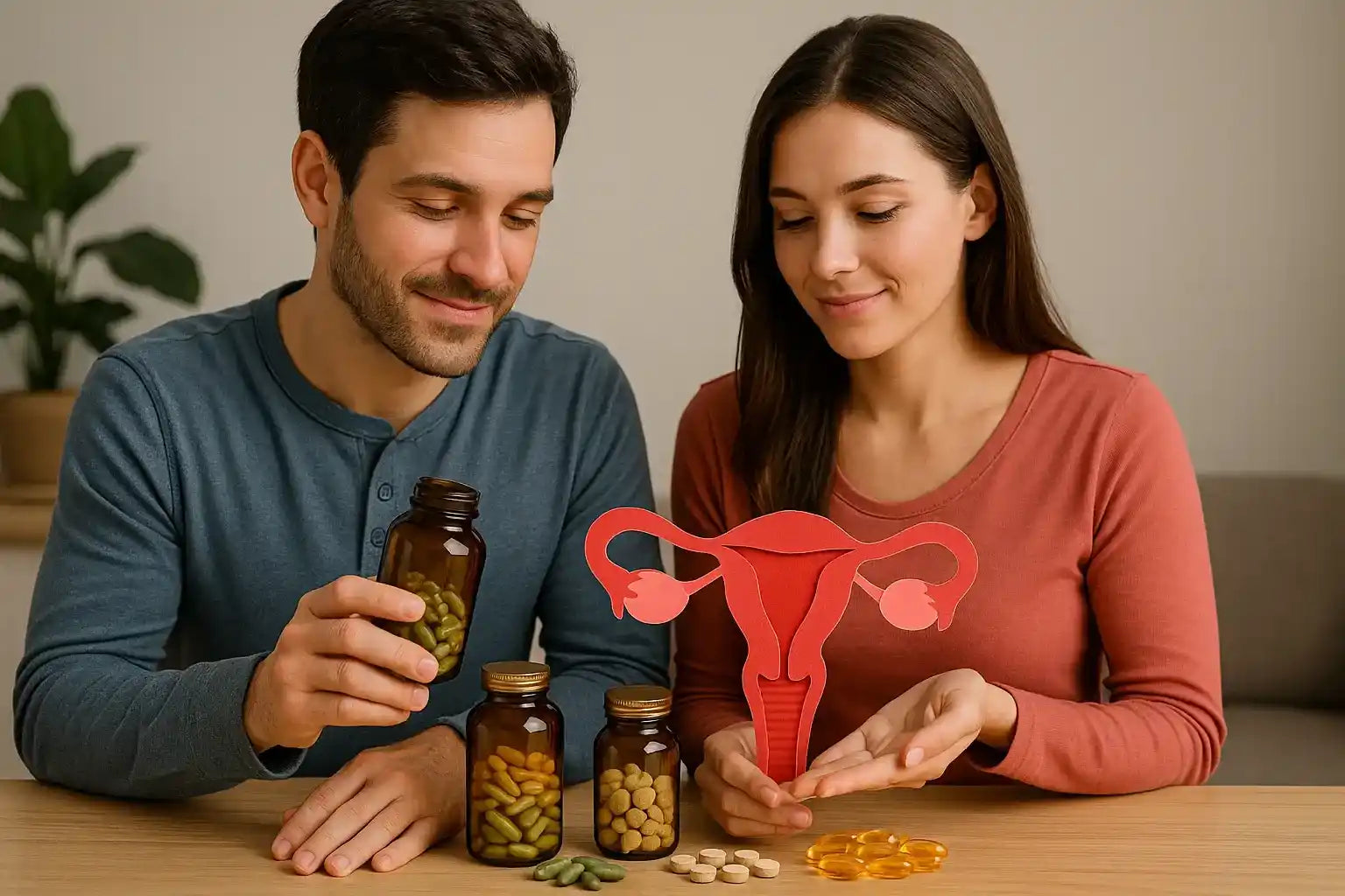 Un couple devant des boites de compléments alimentaires pour la fertilité