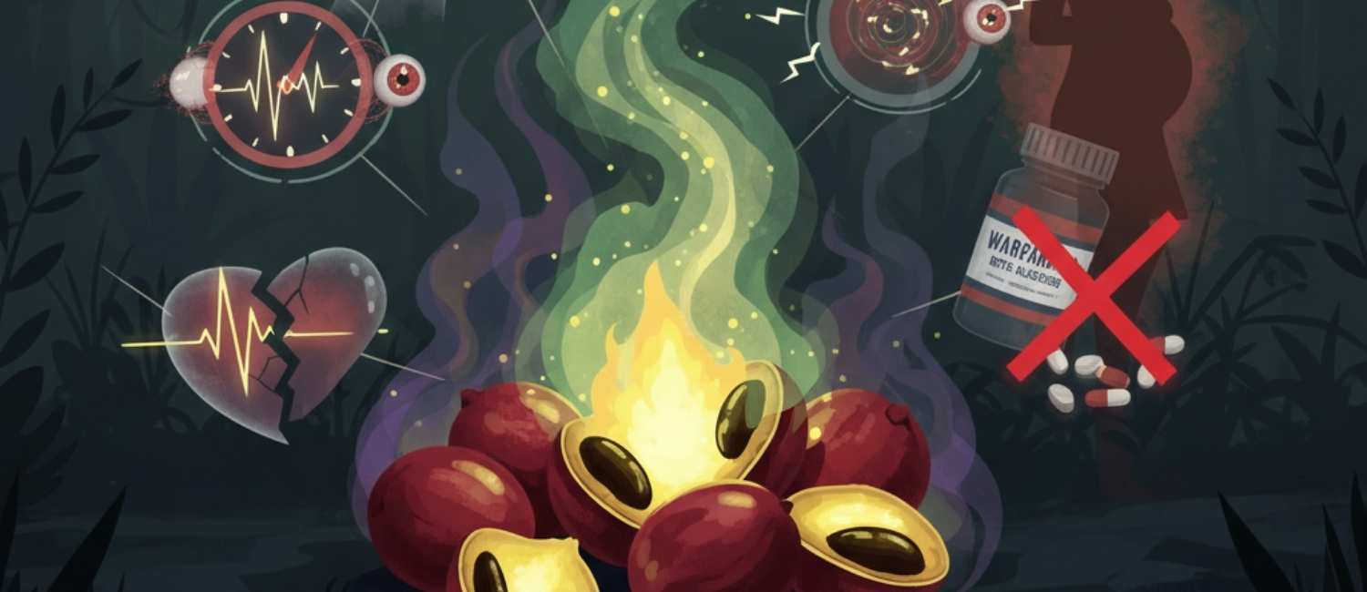 Graines de guarana dans un feu mystique, entourées d'icônes représentant des risques (cœur brisé, cerveau agité, femme enceinte barrée, pilules)