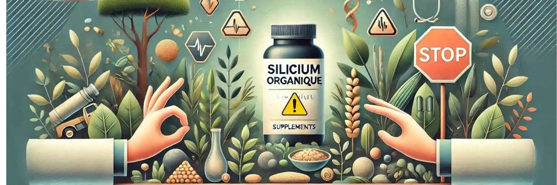 Illustration des précautions à prendre avec le silicium organique, entre nature et signaux médicaux de mise en garde.