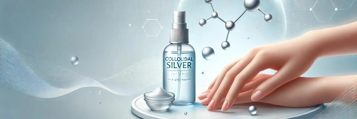 Flacon d’argent colloïdal en spray près d’une peau saine, avec particules argentées et eau, illustrant ses bienfaits pour la peau et la cicatrisation