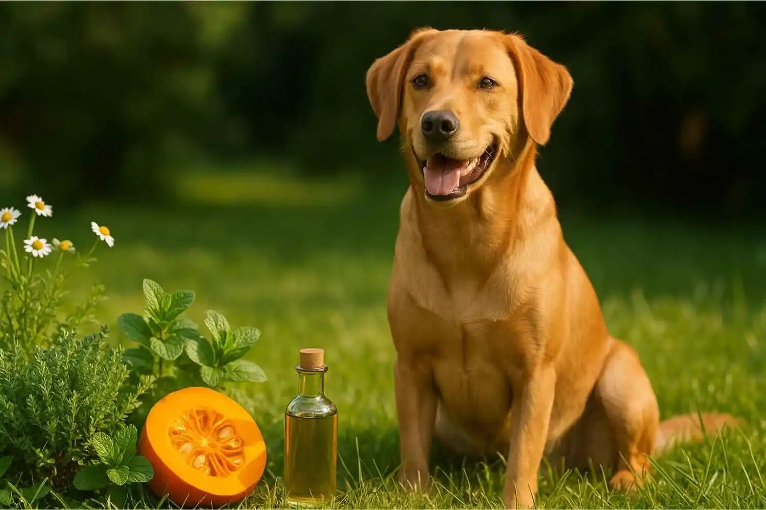 Chien assis dans un jardin ensoleillé, entouré de plantes médicinales, d’une moitié de courge et d’un flacon d’extrait naturel 