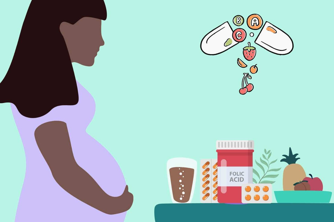 Illustration d'une femme enceinte devant une table remplie de compléments vitaminiques