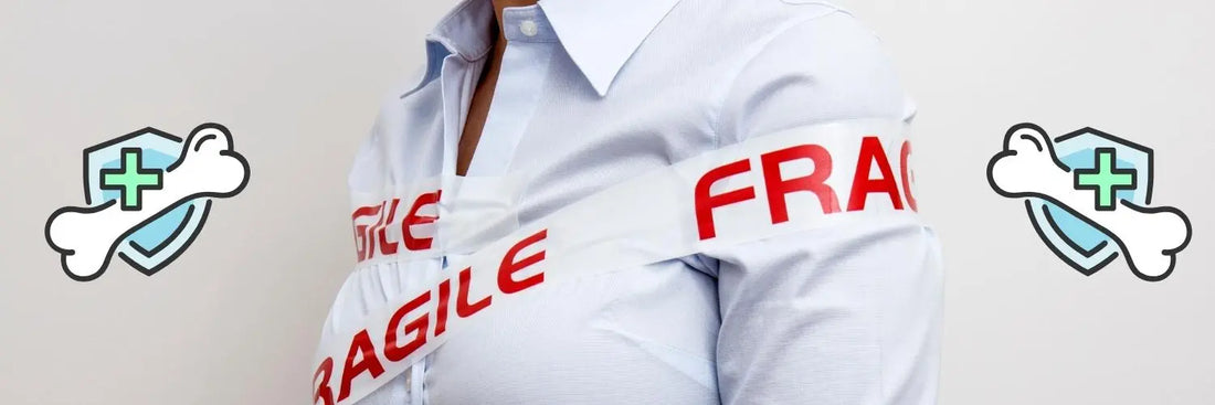 Photo d'une femme entourée de ruban "fragile" avec deux logos d'os avec un bouclier côte à côte