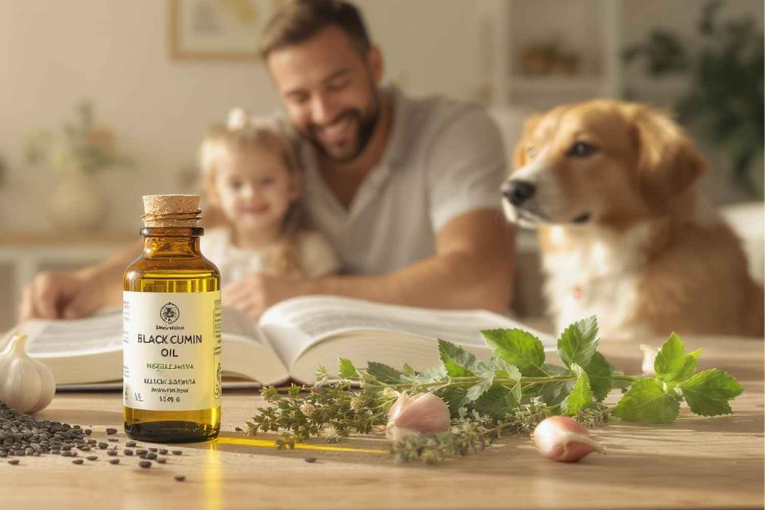 Bouteille d’huile de nigelle entourée de graines noires, herbes médicinales, carnet de recettes, avec une famille et un chien et chat en arrière-plan