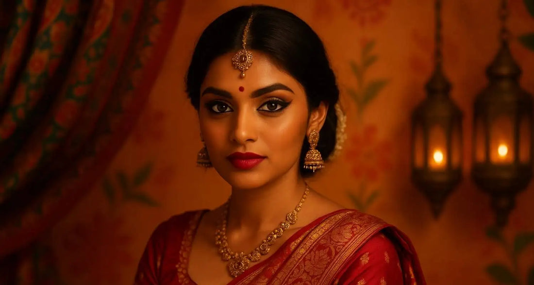 Femme indienne en sari rouge et or, maquillée dans le style Bollywood, posant devant un décor traditionnel aux lumières chaudes.
